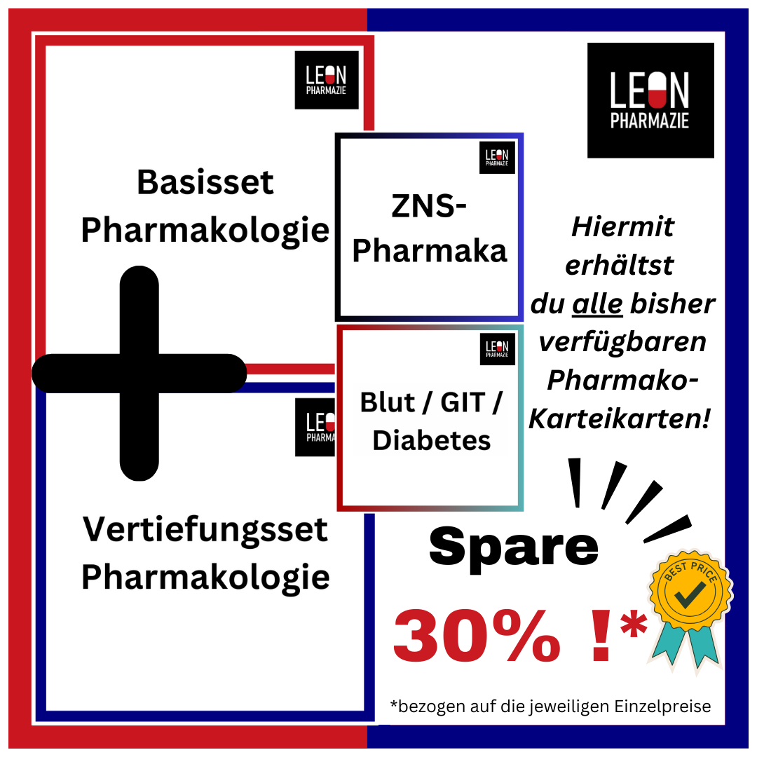 Kombiset PLUS: Basisset & Vertiefungsset Pharmakologie + "ZNS-Pharmaka" & "Blut / DM / GIT" - 1518 Karteikarten