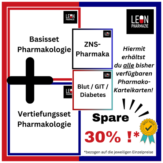 Kombiset PLUS: Basisset & Vertiefungsset Pharmakologie + "ZNS-Pharmaka" & "Blut / DM / GIT" - 1518 Karteikarten